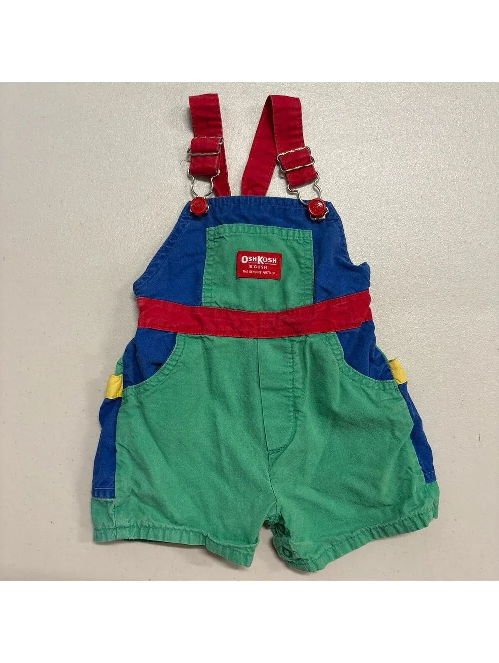 Vintage OshKosh B’Gosh Red Blue Green Yellow Colorblock Shortalls 18M USA Made